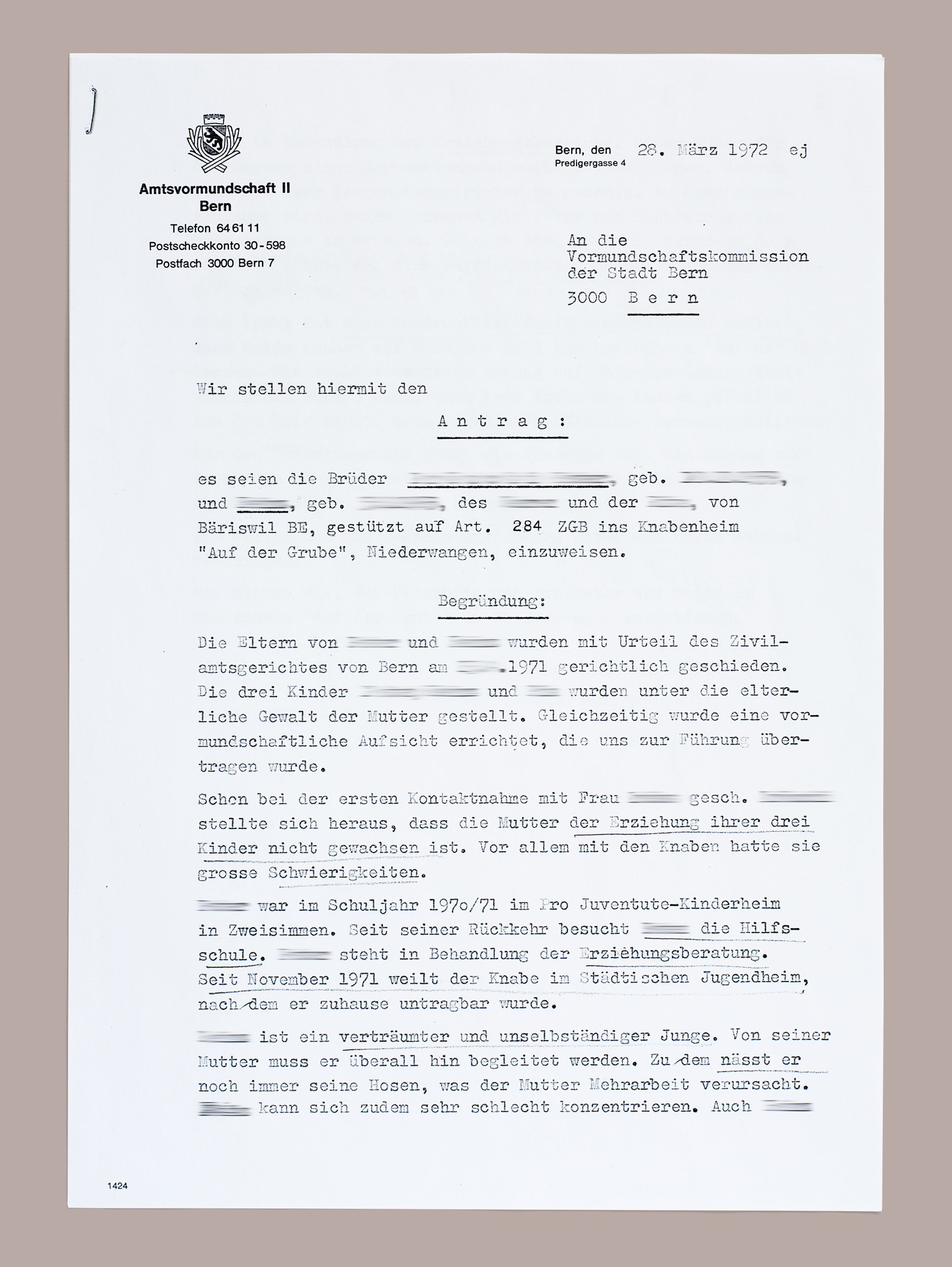 Kopie eines Briefes. Vormundschaftlicher Wegnahmeentscheid der Amtsvormundschaft Bern, 1972.