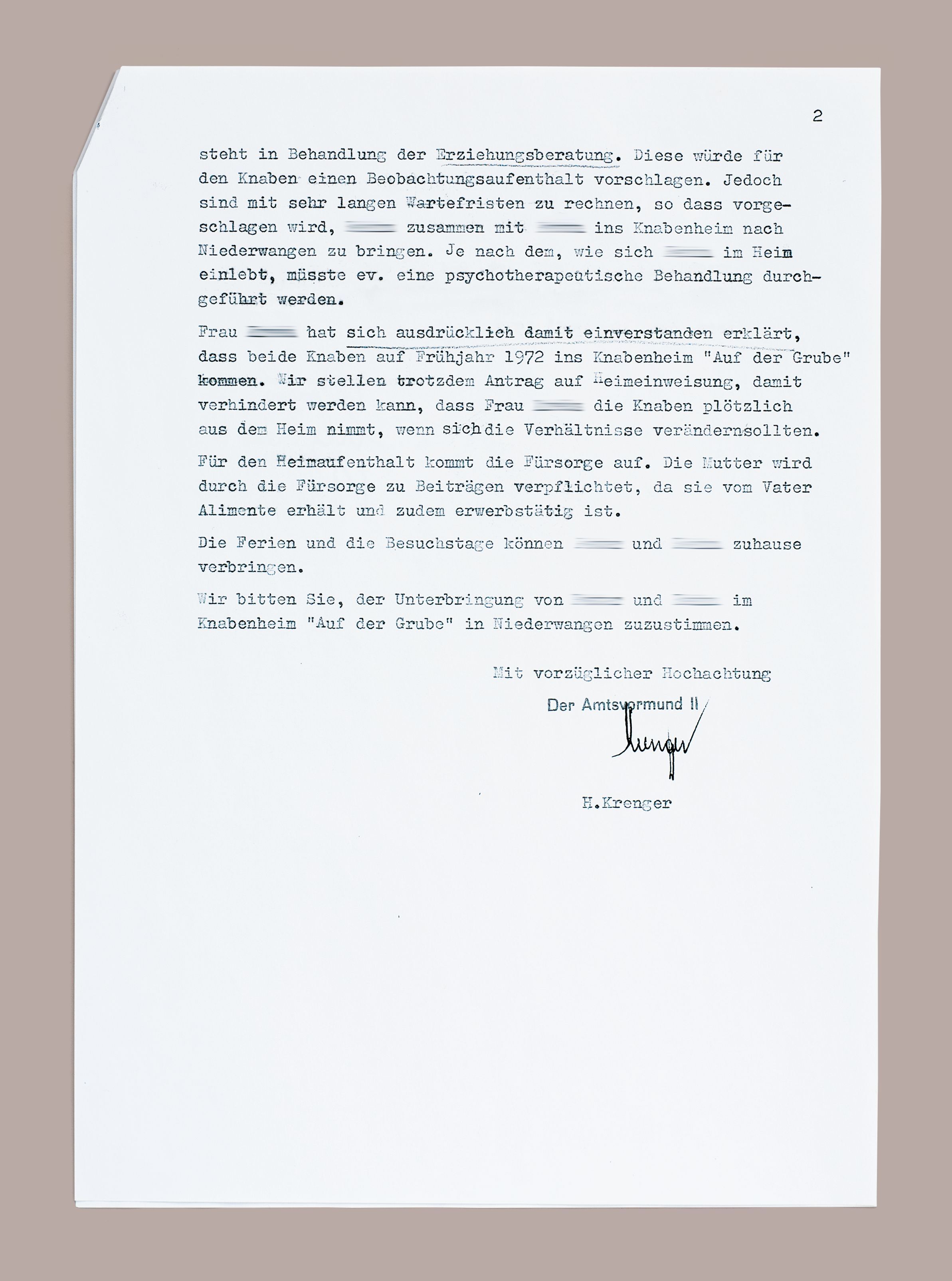 Kopie eines Briefes. Vormundschaftlicher Wegnahmeentscheid der Amtsvormundschaft Bern, 1972, Seite 2.