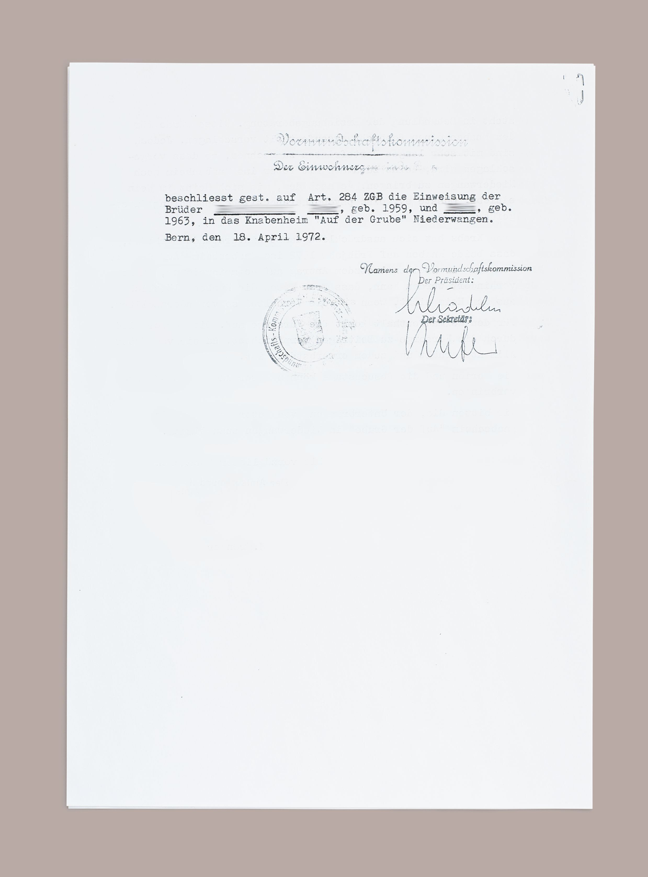 Kopie eines Briefs. Vormundschaftlicher Wegnahmeentscheid der Amtsvormundschaft Bern, 1972, Seite 3.