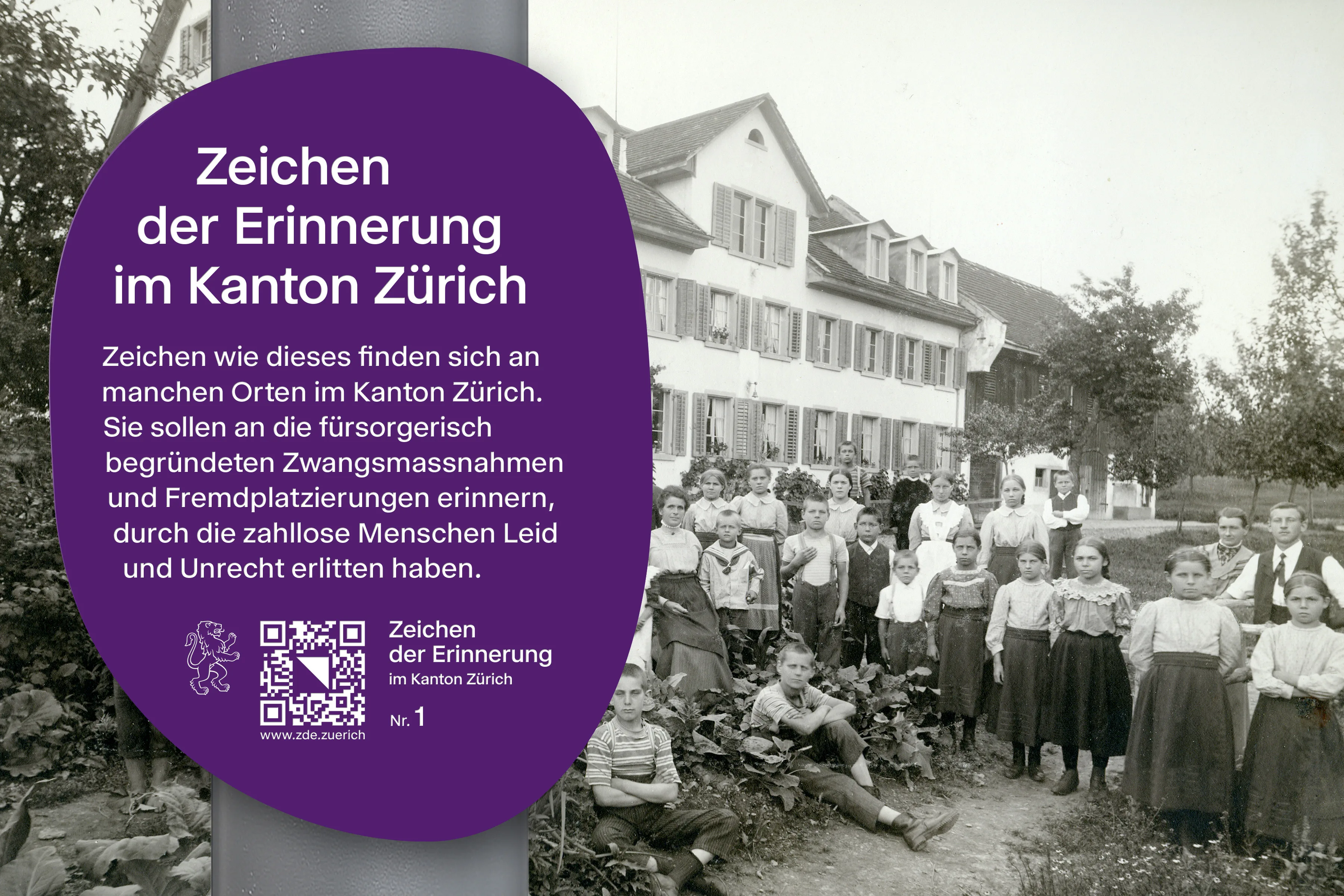 Gruppenbild vor der Rettungs-Anstalt Friedheim bei Bubikon/ZH - Bilder aus Anstalten des Schweizerischen Armenerziehervereins zur Landesausstellung Bern 1914. 08 Schweizerisches Sozialarchiv. 09 F Fe-0003-03.